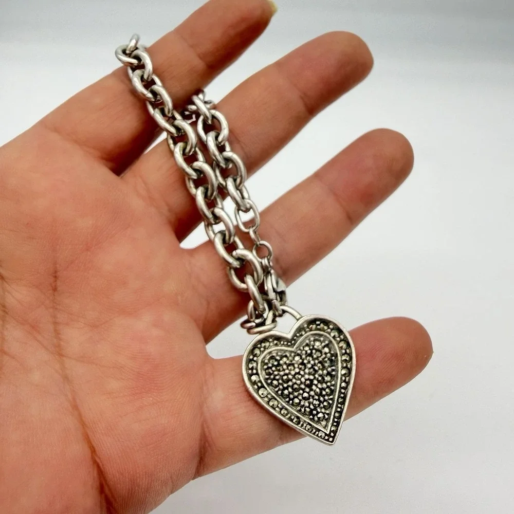 VTG Sterling Silver Heart Charm Bracelet Marcasite Hallmarked Charm 26gr Sz6.5
